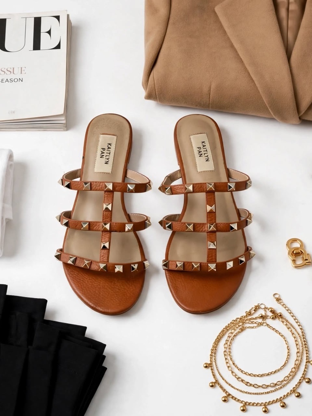 Kaitlyn Tan Brown Leather Pyramid-Stud Slide Sandals